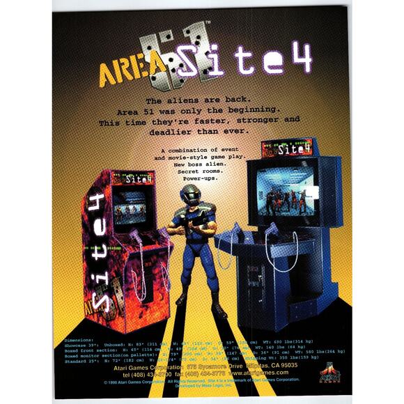 1998 Atari Area Site 4 Arcade Game Flyer Alien Invasion Shooter - Picture 1 of 2